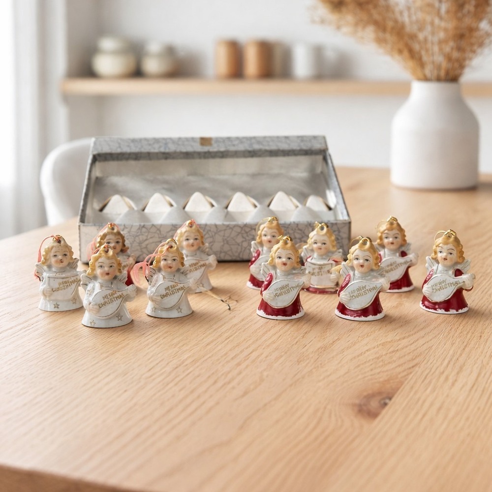 Vtg Set Of 11 Christmas Angel Bells Santa Original Box Hanging Ornaments Japan